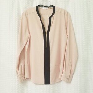 Calvin Klein Long Sleeve Blouse Zippered V-Neck Peach/Black EUC